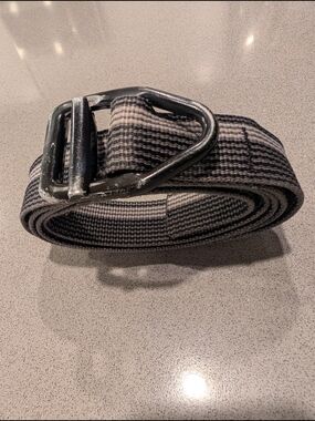 Bison Designs Striped Webbed Belt with Metal D-Ring Buckle - Black and Gray